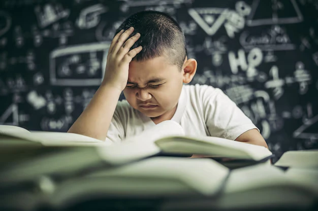 Child struggling with learning difficulties and focus issues during study time